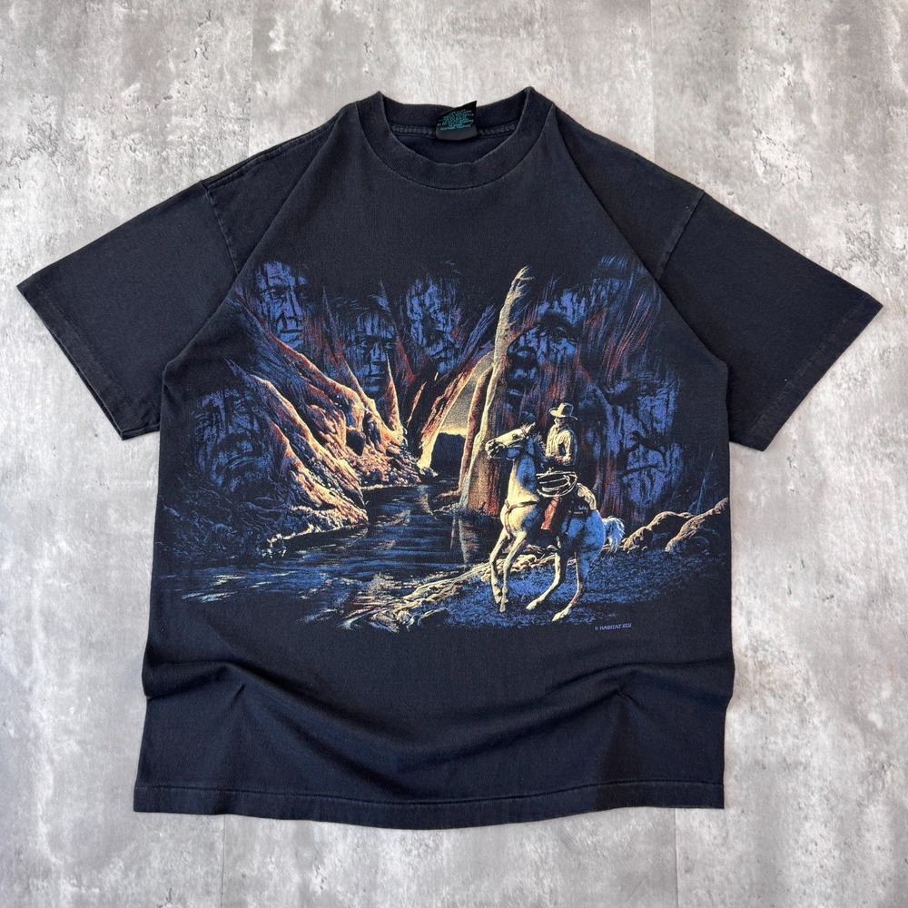Vintage Habitat T-Shirt Mens L Black Cowboy Horse Western Double Sided USA 1992